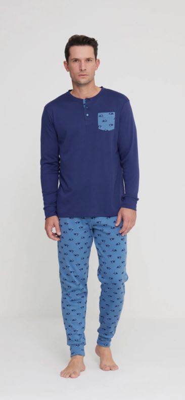 NOIDINOTTE Pigiama uomo lungo Caldo cotone felpato Blu navy