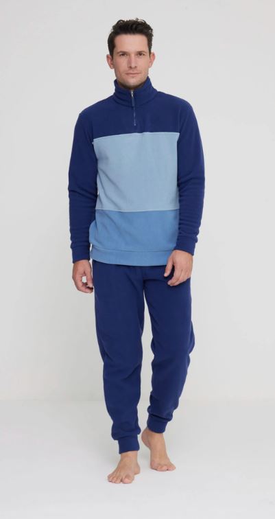 NOIDINOTTE Pigiama uomo lungo Danny in caldo pile con collo alto e pratica zip, top in color block e pantalone tinta unita con comodi polsini Blu navy