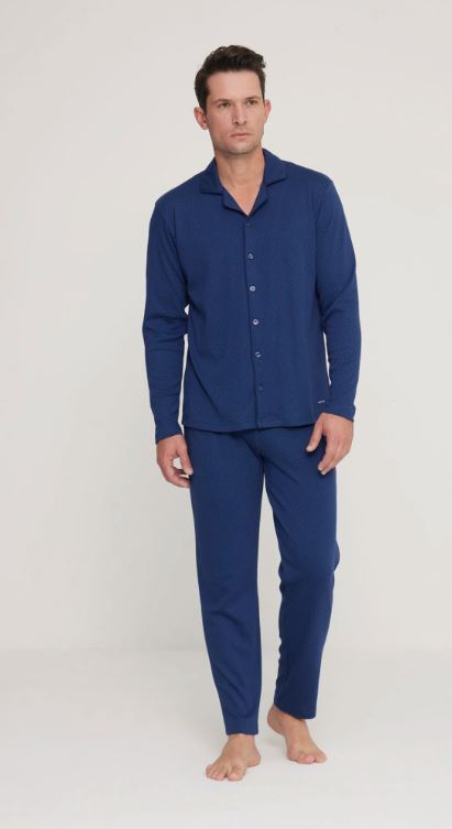 NOIDINOTTE Pigiama uomo lungo Brooklyn in morbido caldo cotone aperto davanti, collo con revers in elegante stampa a pois e pantalone senza polsini Blu navy