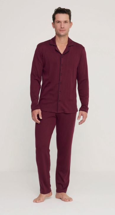 NOIDINOTTE Pigiama uomo lungo Brooklyn in morbido caldo cotone aperto davanti, collo con revers in elegante stampa a pois e pantalone senza polsini Bordeaux