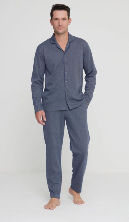 NOIDINOTTE Pigiama uomo lungo Brooklyn in morbido caldo cotone aperto davanti, collo con revers in elegante stampa a pois e pantalone senza polsini Grigio