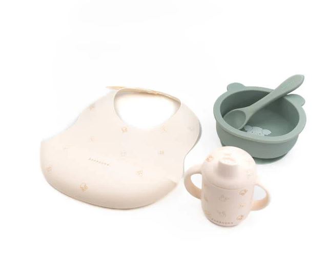 BAMBOOM Set pappa Set composto da bavetta nciotolina e bicchiere tutto in morbido silicone Animal friends