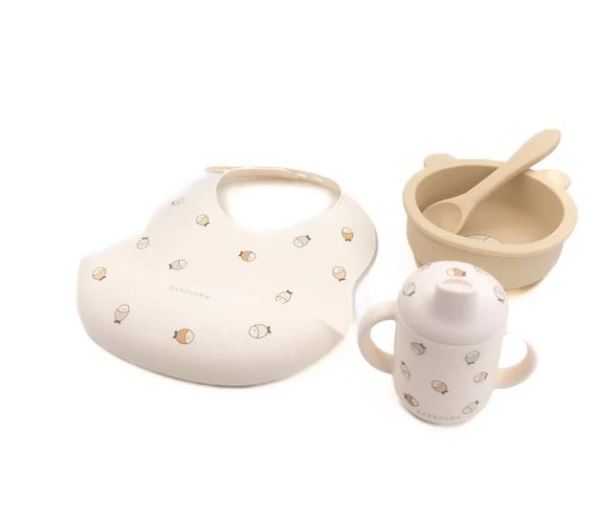 BAMBOOM Set pappa Set composto da bavetta nciotolina e bicchiere tutto in morbido silicone Fishes