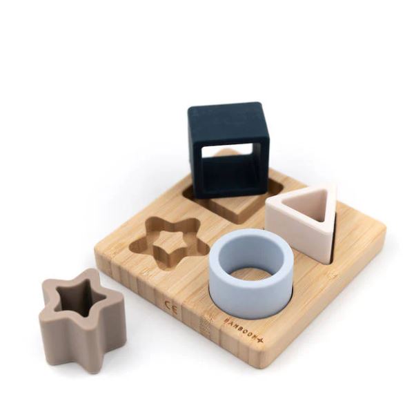 BAMBOOM Puzzle bimbo Stella formine in morbido silicone con base in legno di bamboo Azzurro