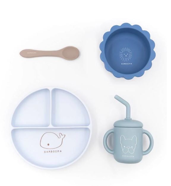 BAMBOOM Set pappa baby Set bimbo composto da scodella cucchiaio ebicchiere con beccuccio tutti in morbido silicone Blu