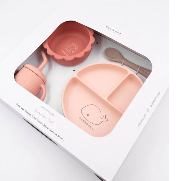 BAMBOOM Set pappa baby Set bimbo composto da scodella cucchiaio ebicchiere con beccuccio tutti in morbido silicone Pink