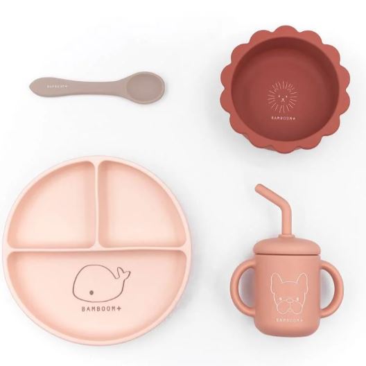 BAMBOOM Set pappa baby Set bimbo composto da scodella cucchiaio ebicchiere con beccuccio tutti in morbido silicone Pink