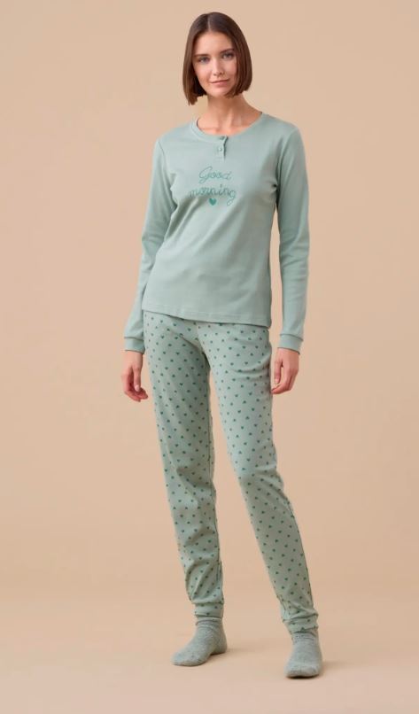 NOIDINOTTE Pigiama donna lungo Mornig Verde salvia
