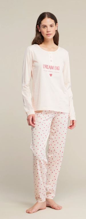 NOIDINOTTE Pigiama donna lungo Cuoricino top manica lunga con polsino, abbottonatura serafino e stampa sul davanti, pantalone lungo con polsino e stampa cuori allover Rosa polvere