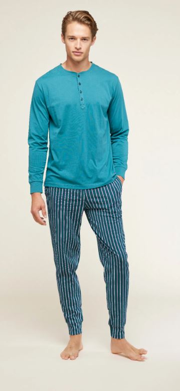 NOIDINOTTE Pigiama uomo lungo cotone Stripes top manica lunga tinta unita con abbottonatura profonda a serafino e pantalone lungo a righe con tasche e polsini Ottanio