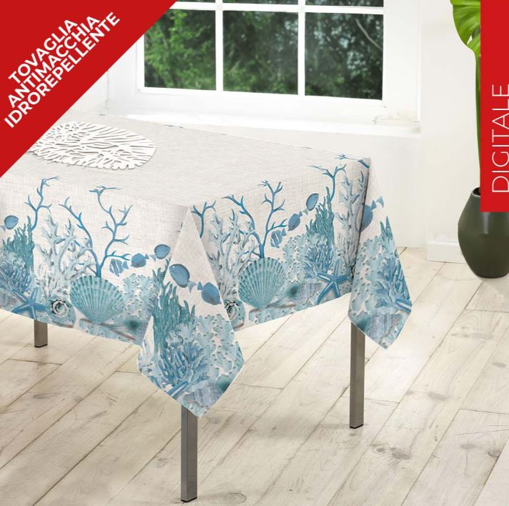 S&G Tovaglia antimacchia Kiki mare effetto lino tondo Azzurro Tondo