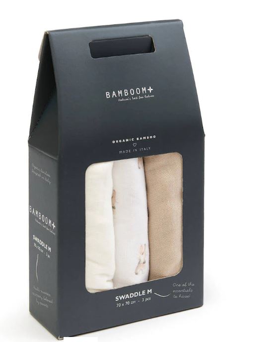 BAMBOOM Mussola neonato Swaddle muslin multiuso 70x70 3pz coniglio Cammello