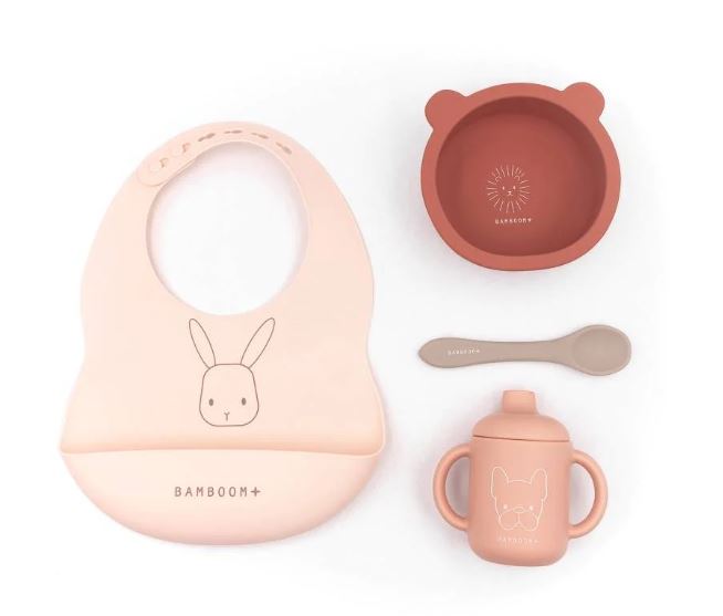 BAMBOOM Set pappa baby Scodella cucchiaio bicchiere con beccuccio bavaglio in silicone Pink