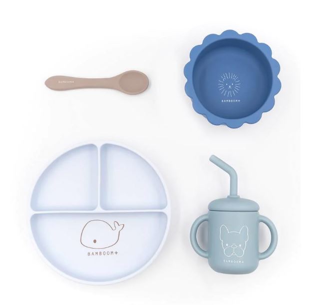 BAMBOOM Set pappa Piatto scodella bicchiere posata Blu