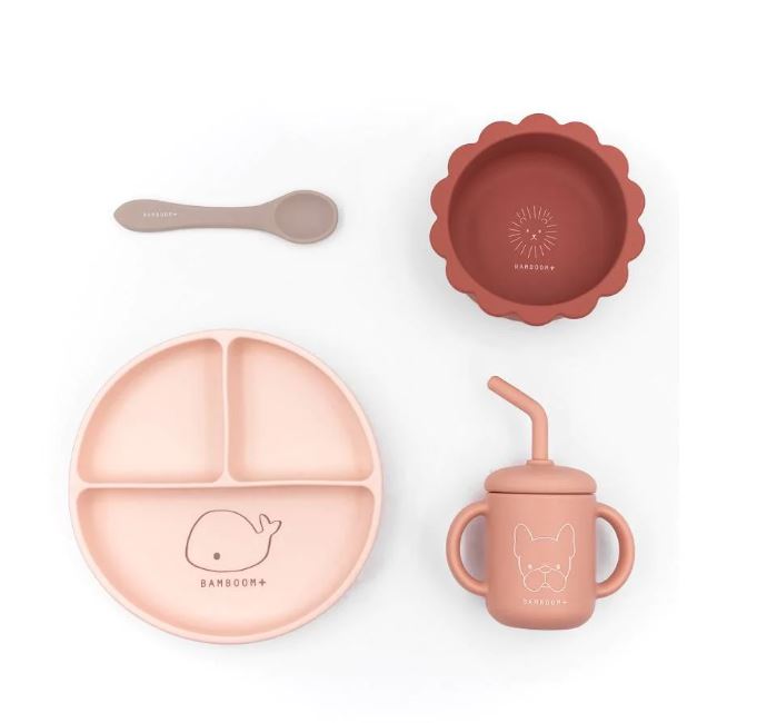 BAMBOOM Set pappa Piatto scodella bicchiere posata Rosa