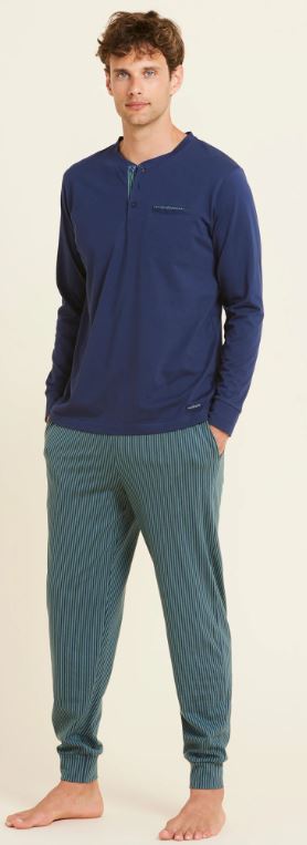 NOIDINOTTE Pigiama uomo cotone oliver top manica lunga con scollo serafino e taschino e pantalone lungo a righe con tasche laterali